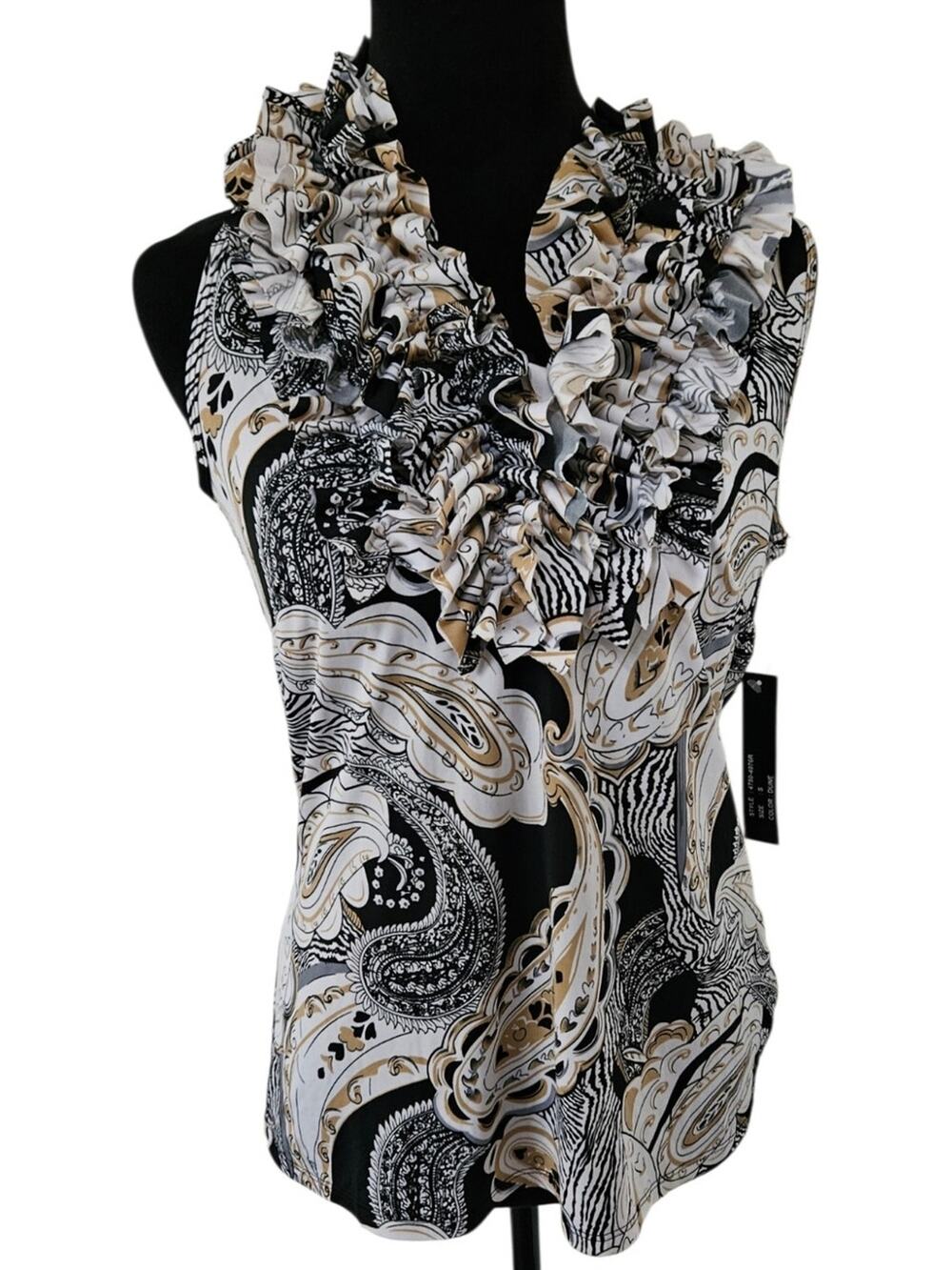 Essentials Sangria Black Gold Paisley Ruffle Neck Sleeveless Top S